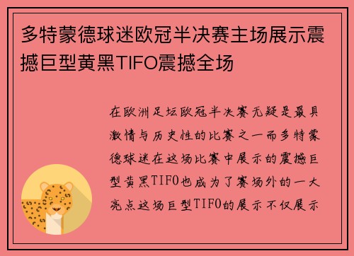多特蒙德球迷欧冠半决赛主场展示震撼巨型黄黑TIFO震撼全场